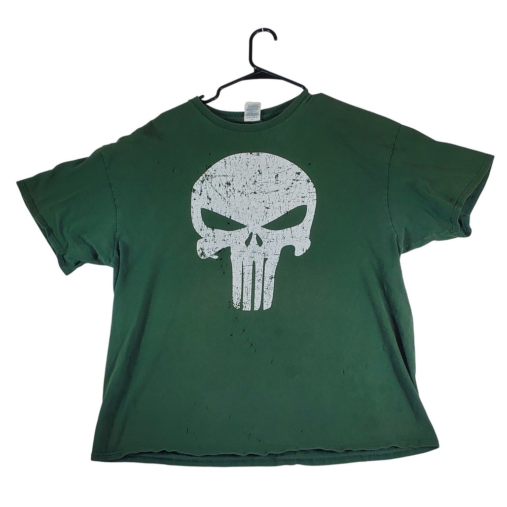 Mens Dark Green Punisher Skull Distressed T Shirt‎ Size 2XL